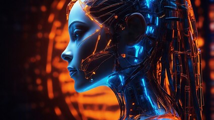Portrait of woman in headphones listening music with closed eyes. Double exposure of female face and galaxy isolated on white background. Digital art. Blue neon light. Free space for text.