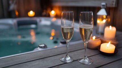 Two glasses of champagne by jacuzzi.