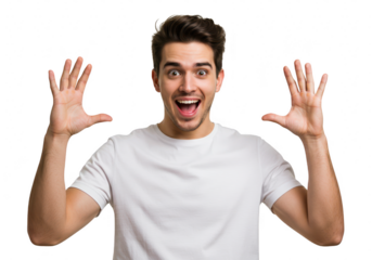 Man with open mouth and raised hands isolated on transparent background