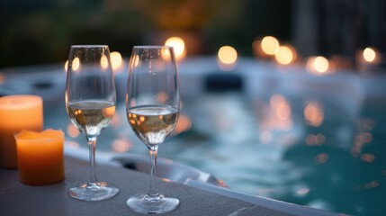 Champagne glasses by jacuzzi.