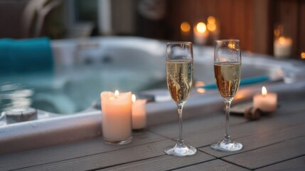 Two glasses of champagne by a hot tub.