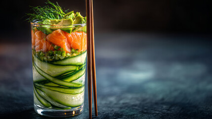 Healthy layered dish with salmon, avocado, cucumber, green onion and dill, served in a modern transparent glass with elegant simplicity