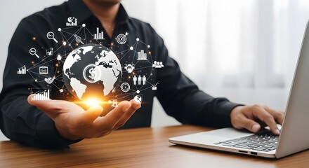 Global business network connection technology concept with man using laptop computer