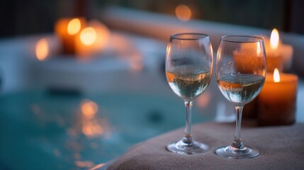 Wine glasses by jacuzzi with candles.