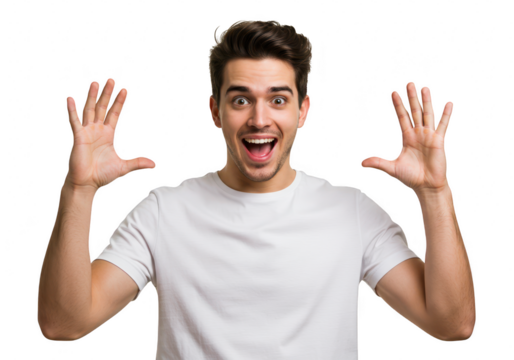 Man with open mouth and raised hands isolated on transparent background