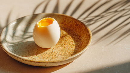 Half a boiled egg with golden yolk on a soft-toned plate, captured in daylight. Concept of clean eating, minimalism, and cozy aesthetics