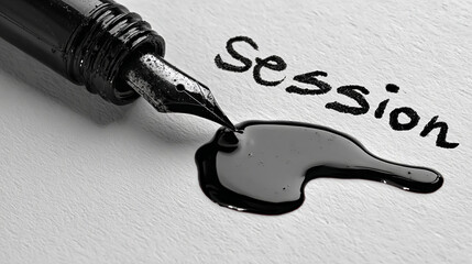 Ink pen tip leaking black ink spelling “Session” on paper, close-up concept of creative release, vulnerability, and intellectual process