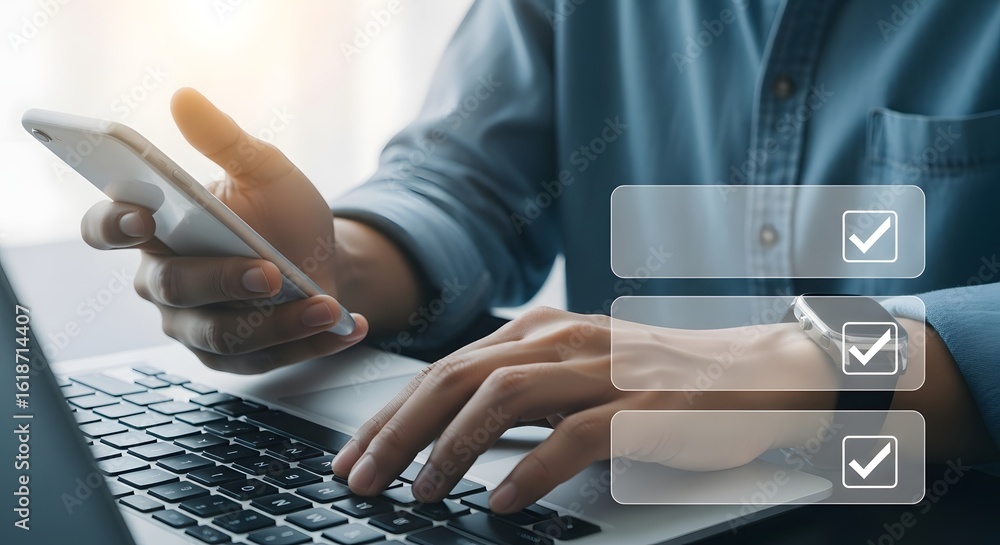 Poster online checklist form on laptop with mobile phone for survey and task management concept
