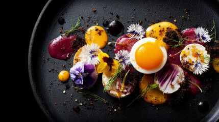 Top view of gourmet dish featuring egg, edible flowers, and artistic sauces on a black plate with vibrant minimalist design