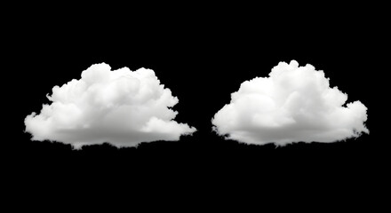 Two fluffy white clouds isolated on black background perfect for design projects and compositing