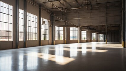 Defocused Background of Warm Light Streaming Through Windows in Abandoned Warehouse Interior During Golden Hour. Blurred Background Photo.