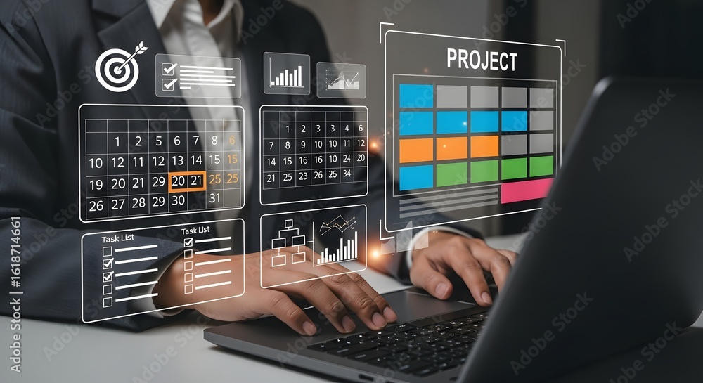 Poster project management software for business strategy, task management and time management tools