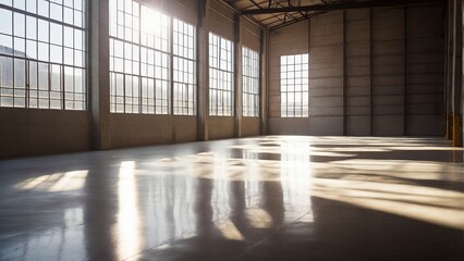 Defocused Background of Warm Light Streaming Through Windows in Abandoned Warehouse Interior During Golden Hour. Blurred Background Photo.