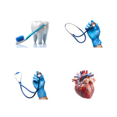 Medical collage featuring a toothbrush cleaning a tooth, a doctor holding a stethoscope, another hand with a stethoscope, and a human heart isolated on transparent background