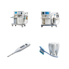 Collage of medical equipment including anesthesia machines, thermometer, and toothbrush with tooth, isolated on transparent background