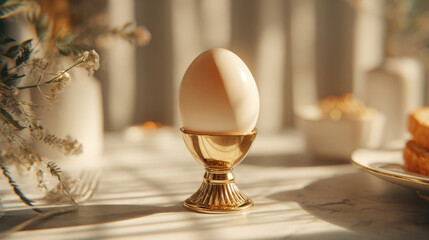 Elegant breakfast scene featuring a single egg in golden holder, with warm tones and floral accents evoking calm and mindful living