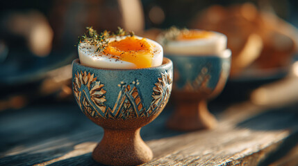 Boiled eggs with thyme in traditional ceramic holders, close-up shot with ethnic patterns and soft natural light