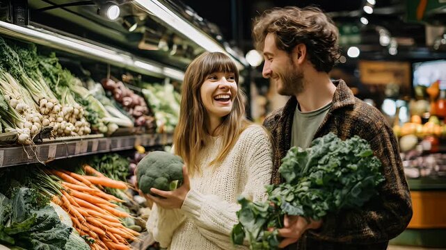 Young couple shopping for fresh vegetables at grocery store smiling and holding broccoli and kale