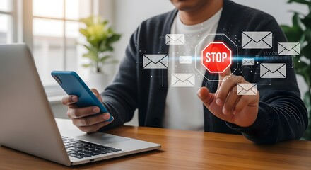 Stop email spam concept man using phone and laptop blocking unwanted messages online safety