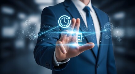Time management business concept businessman touching virtual screen clock hourglass icon