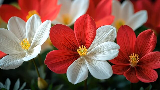 Closeup of vibrant anemone flowers red white yellow and half red and half white