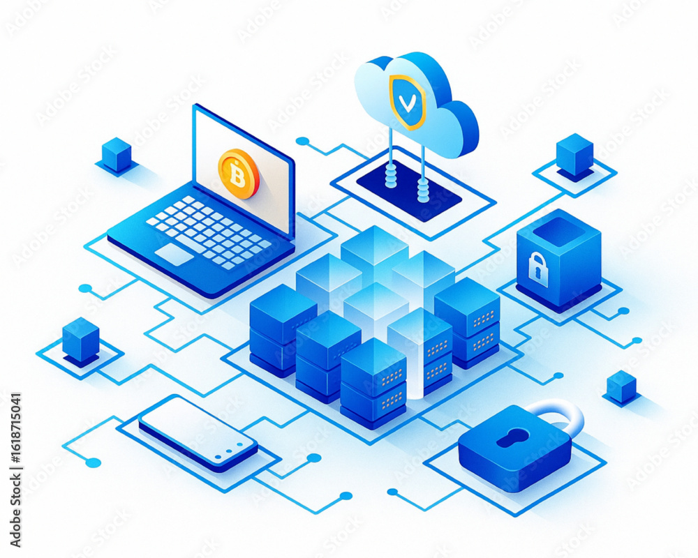 Aufkleber secure digital network with laptop, cloud, servers, and padlock, representing blockchain technology