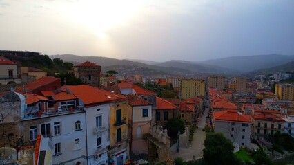 Agropoli - Italy - Aerial view over the roofs of the city in the morning mist of sunrise