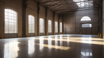 Defocused Background of Warm Light Streaming Through Windows in Abandoned Warehouse Interior During Golden Hour. Blurred Background Photo.