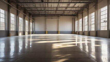 Defocused Background of Warm Light Streaming Through Windows in Abandoned Warehouse Interior During Golden Hour. Blurred Background Photo.