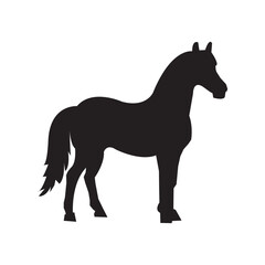 Shetland pony silhouette. A black silhouette image of a Shetland pony, also known as a small horse breed, symbolizing rustic charm and equestrian beauty. Vector clipart black illustration design eps10