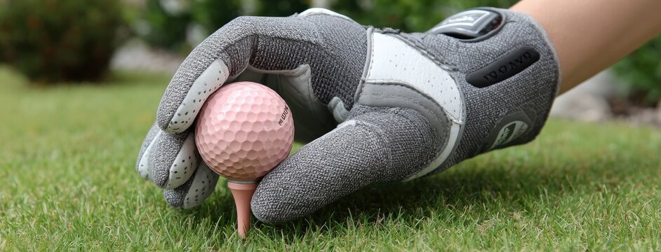 Hand in a white glove steadies a pink golf ball on a tee with a pink driver poised in the grass under clear blue skies, ready to drive