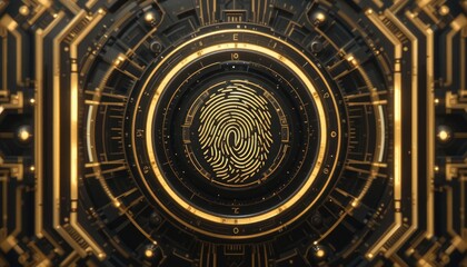 Fototapeta premium A futuristic biometric fingerprint scanner interface with a black background and gold texture