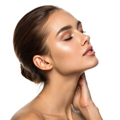 Beautiful young woman with glowing skin and closed eyes isolated on transparent background
