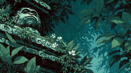 An atmospheric illustration of a lost temple ruin with a stone monkey statue, hidden deep in a dark, mysterious jungle. A scene of ancient discovery.
