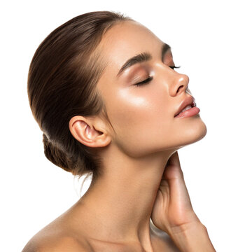 Beautiful young woman with glowing skin and closed eyes isolated on transparent background