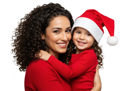 Mother and child smiling wearing christmas hats isolated on transparent background