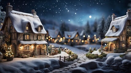 miniature houses in Europe village covered by snow at night with light up decoration. Christmas winter season for holiday background with copy space for text.