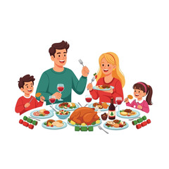 A joyful family of four gathers around a dining table for a festive holiday meal.