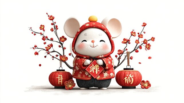 Cute cartoon mouse dressed for chinese new year celebration, surrounded by lanterns and plum blossom branches