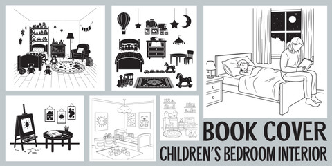 Illustration of Childrens Bedrooms Interiors and Bedroom Related Items in Black and White for Coloring Books and Educational Materials