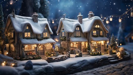 miniature houses in Europe village covered by snow at night with light up decoration. Christmas winter season for holiday background with copy space for text.