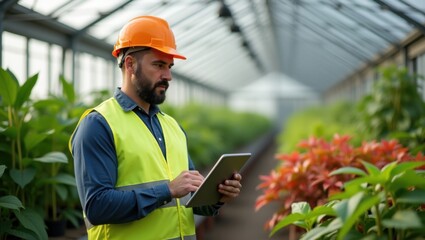 Agronomist Inspecting Plants in Greenhouse with Tablet Technology