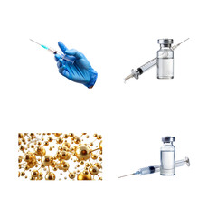 Medical and scientific research with syringes, vials, and molecular structures, isolated on transparent background