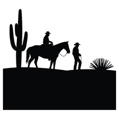 Cowboy and horse silhouette with desert and cactus, western landscape vector isolated black and white