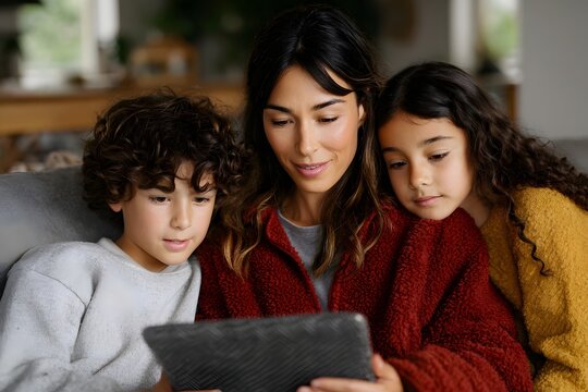 Family is using a digital device for educational purposes at home Generative AI