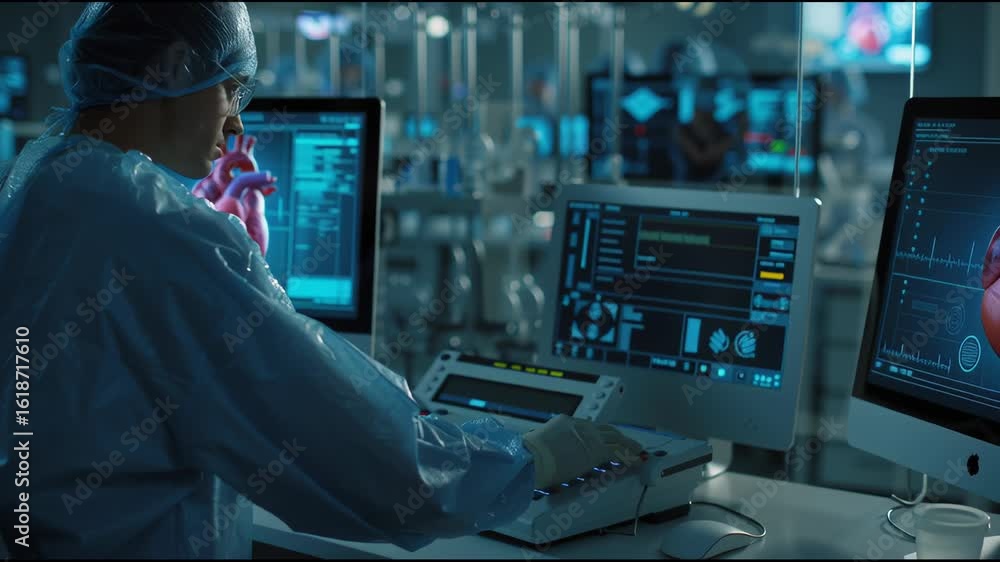 Poster research lab and advanced technology: a scientist in a laboratory coat expertly interacts with cutti