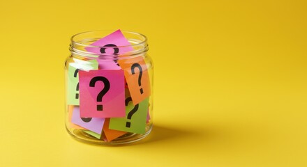 A glass jar filled with colorful sticky notes, each marked with a black question mark, against a yellow background.