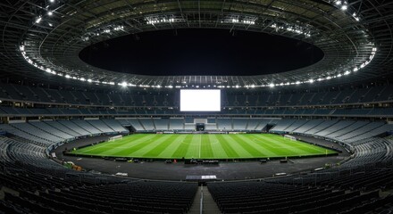 Wide shot of a large, modern stadium with green field, rows of seats, bright lights, and a large screen.