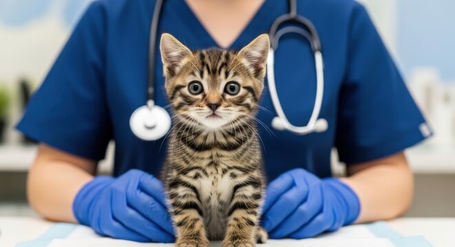 Cute tabby kitten with veterinarian in blue uniform
