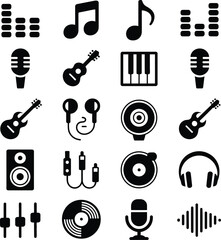 Black Music Icons Set on White Background microphone